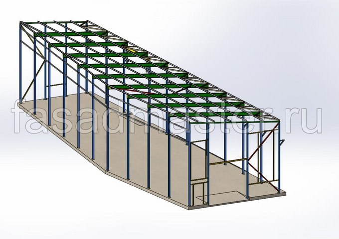 3D‑визуализация ангара 11×37 м вид со стороны примыкания к существующему зданию